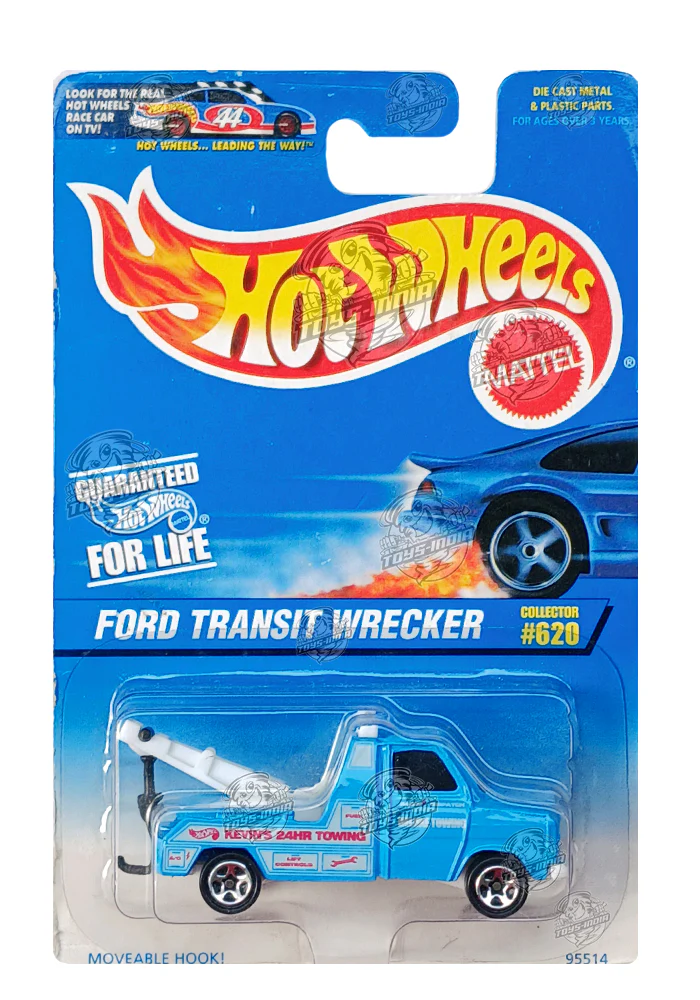 EXCLUSIVES Hot Wheels Ford Transit Wrecker - Blue / White - 1996 Card (With Protector Case)