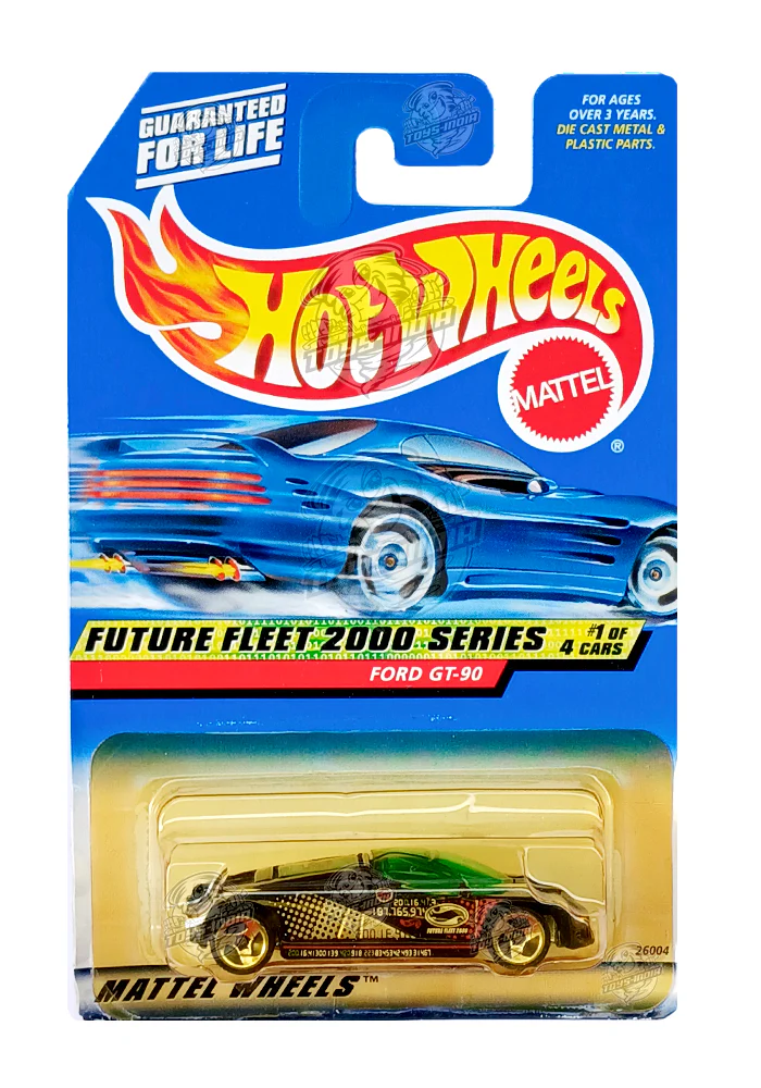 EXCLUSIVES Hot Wheels Future Fleet 2000 Series Ford GT-90 - Black / Green - 1999 Card (Faded Card) (With Protector Case)