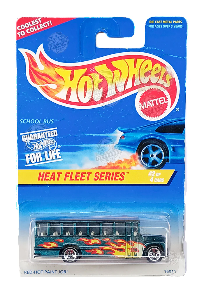 EXCLUSIVES Hot Wheels Heat Fleet Series School Bus - Green / Yellow - 1996 Card (Blister Damage / Car in Excellent Condition) (With Protector Case)