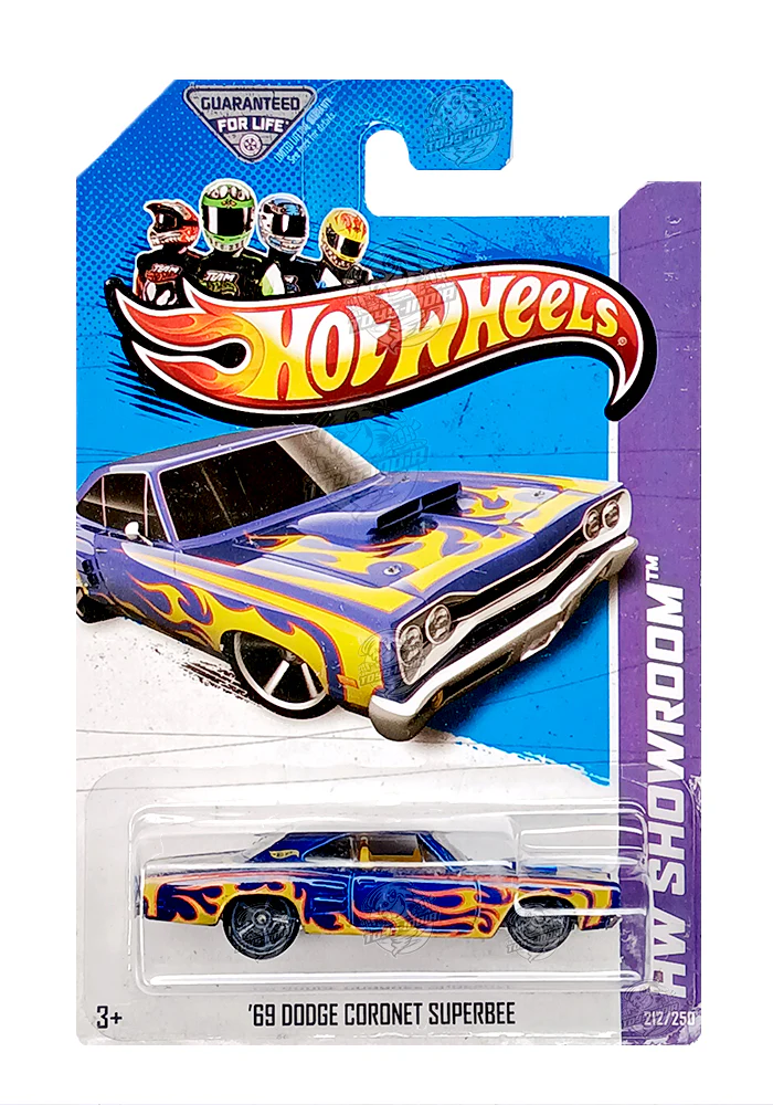 EXCLUSIVES Hot Wheels HW Showroom '69 Dodge Coronet Superbee - Blue / Yellow - 2012 Card (Blister Damage / Car in Excellent Condition) (With Protector Case)