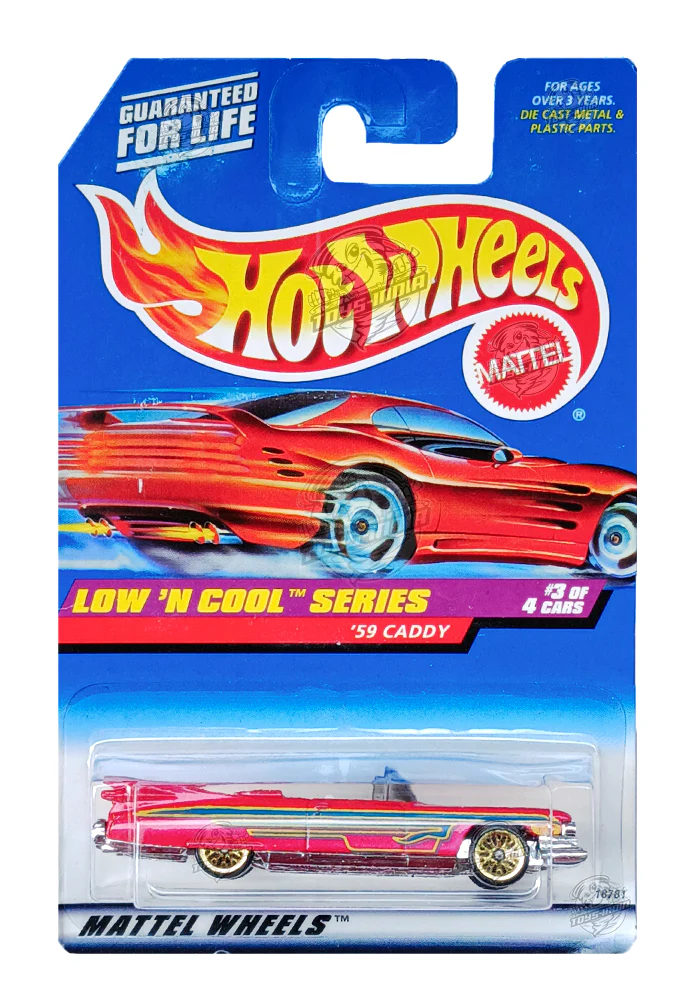 EXCLUSIVES Hot Wheels Low 'N Cool Series '59 Caddy - Red - 1997 Card (With Protector Case)