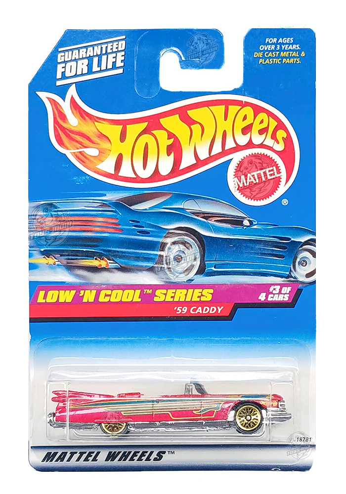 EXCLUSIVES Hot Wheels Low 'N Cool Series '59 Caddy - Red - 1997 Card (With Protector Case)