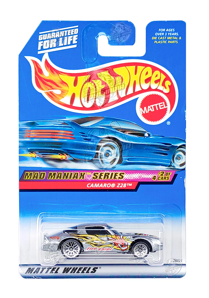 EXCLUSIVES Hot Wheels Mad Maniax Series Camaro Z28 - Silver - 1999 Card (With Protector Case)