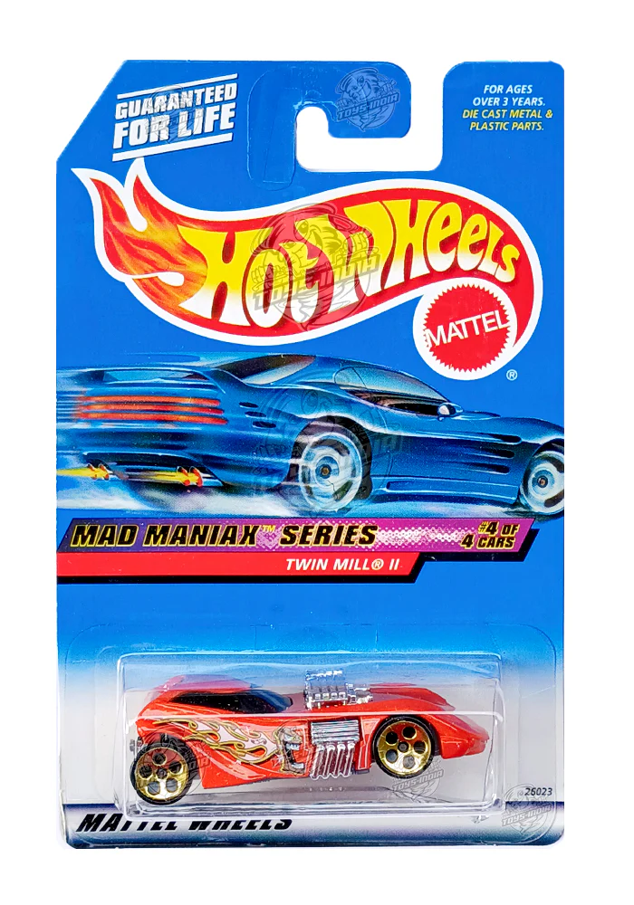 EXCLUSIVES Hot Wheels Mad Maniax Series Twin Mill II - Orange - 1999 Card (With Protector Case)