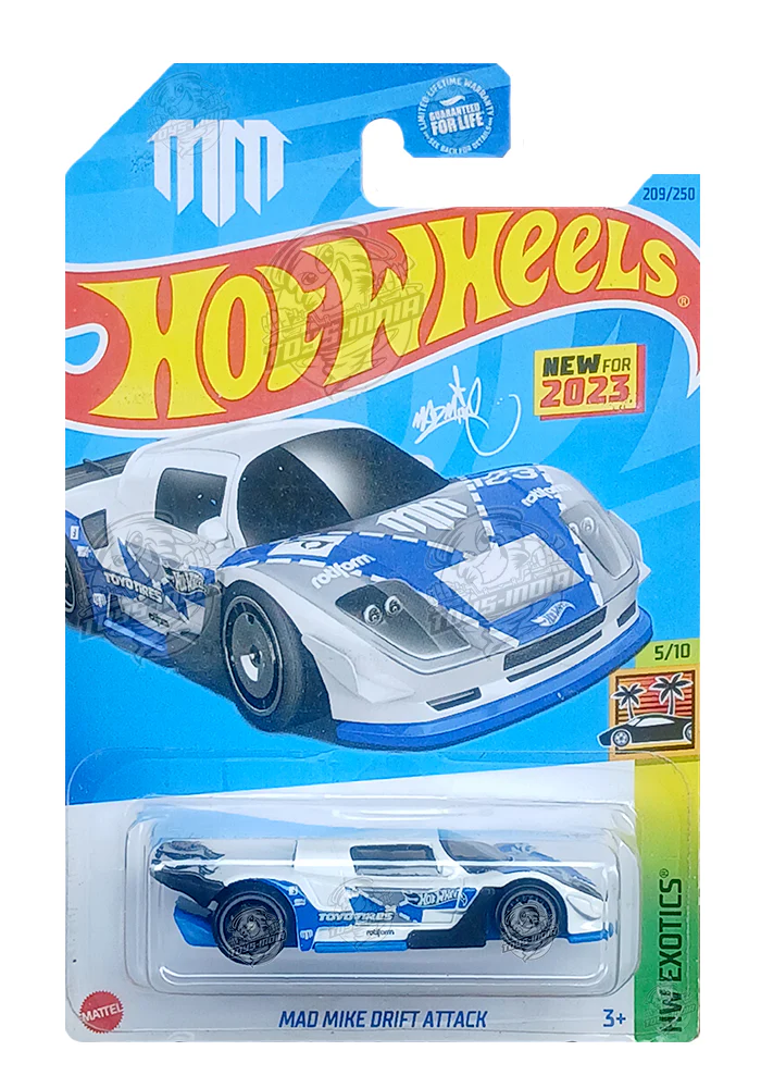 EXCLUSIVES Hot Wheels Mad Mike Drift Attack - White / Blue - 2021 Card (With Protector Case)