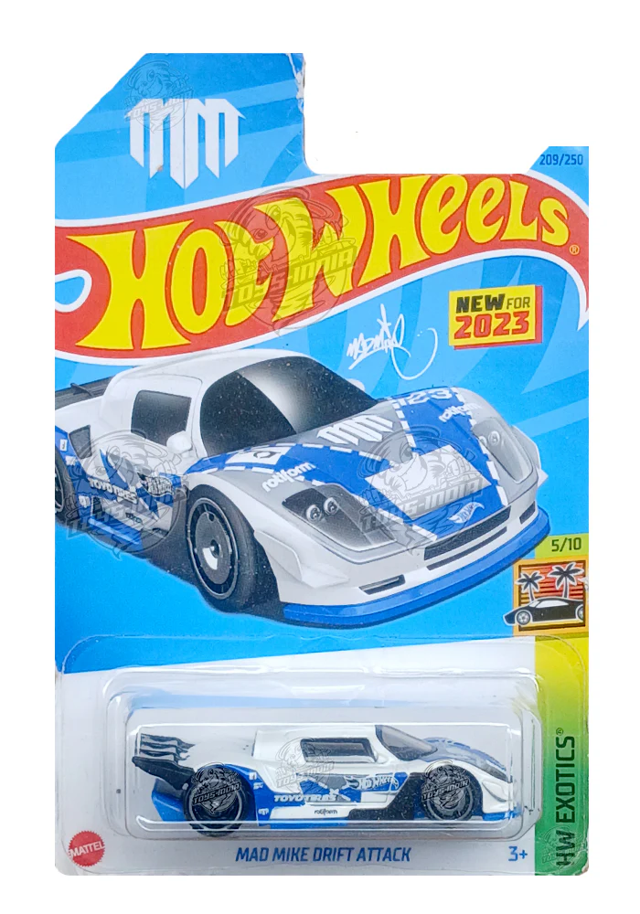 EXCLUSIVES Hot Wheels Mad Mike Drift Attack - White / Blue - 2021 Card (Card Damage / Car in Excellent Condition) (With Protector Case)
