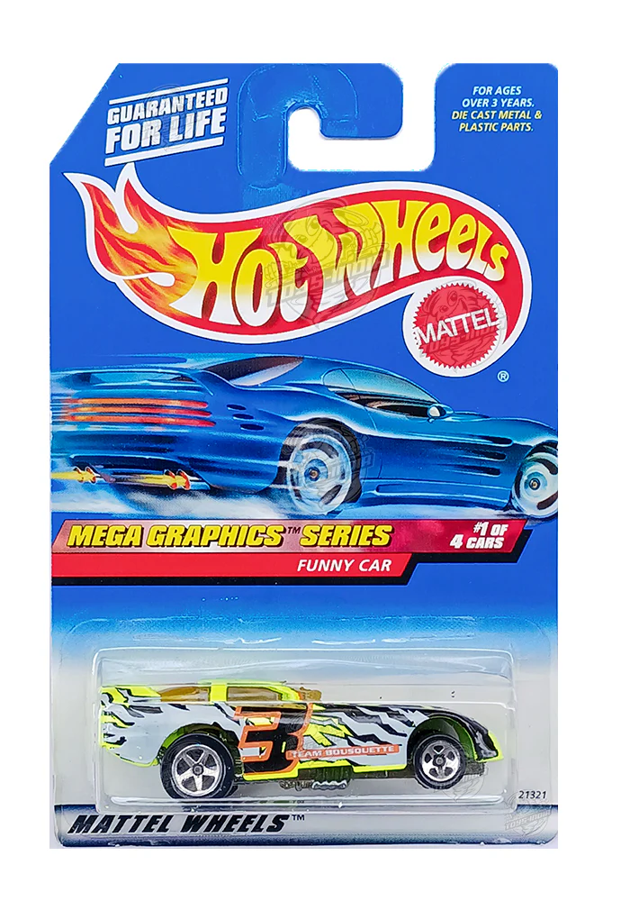EXCLUSIVES Hot Wheels Mega Graphics Series Funny Car - Green / Black - 1998 Card (With Protector Case)