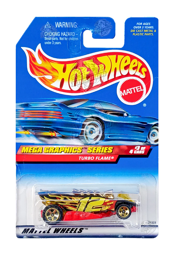 EXCLUSIVES Hot Wheels Mega Graphics Series Turbo Flame - Black / Yellow - 1998 Card (Card Damage / Car in Excellent Condition) (With Protector Case)