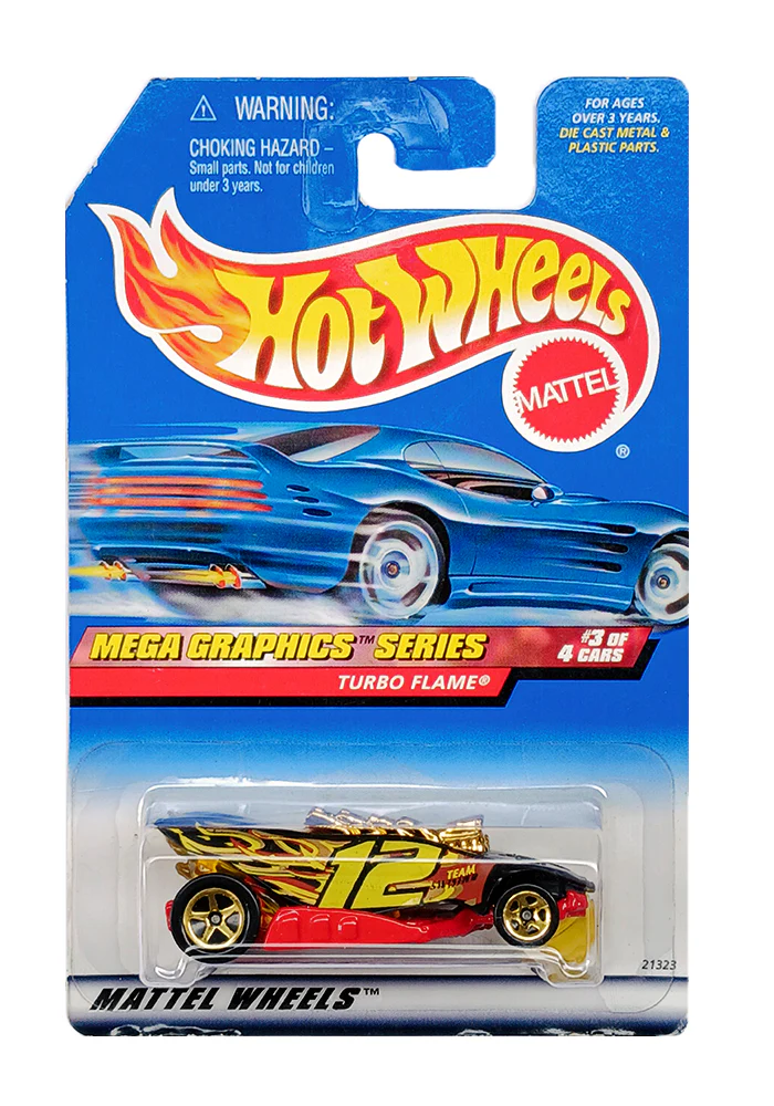 EXCLUSIVES Hot Wheels Mega Graphics Series Turbo Flame - Black / Yellow - 1998 Card (Loose Piece from Car) (With Protector Case)