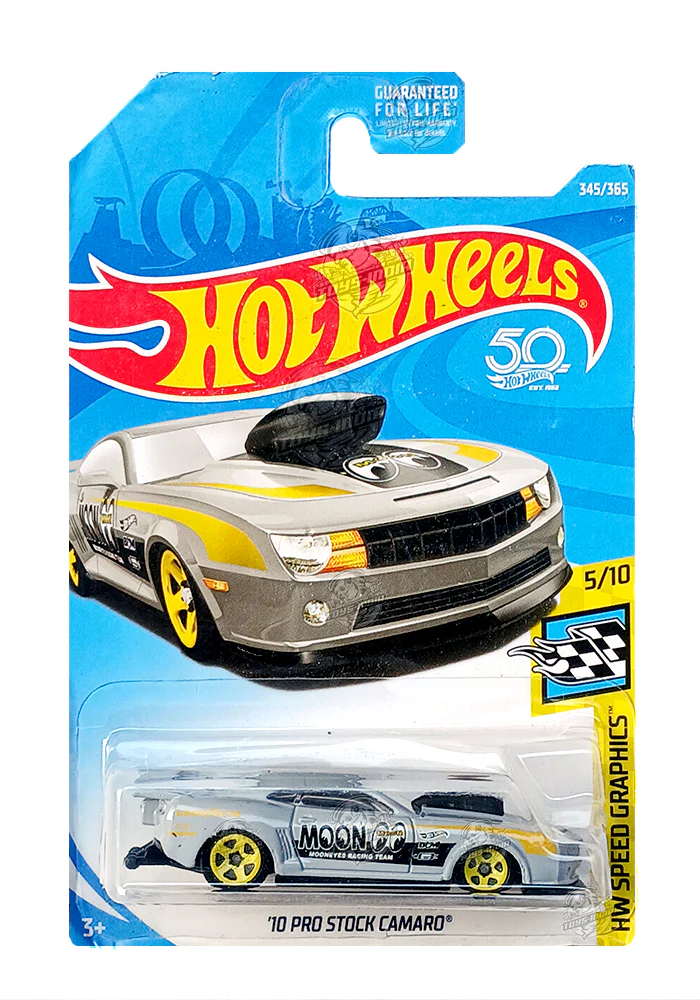 EXCLUSIVES Hot Wheels Mooneyes '10 Pro Stock Camaro - Grey / Yellow- 2017 Card (Blister Damage / Car in Excellent Condition) (With Protector Case)
