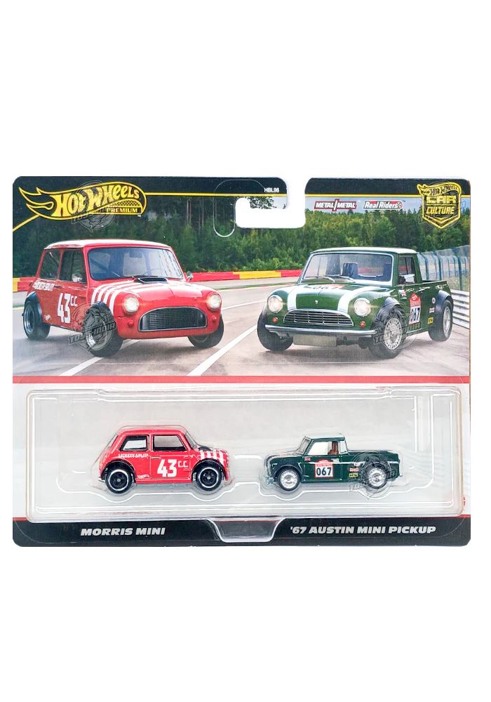 EXCLUSIVES Hot Wheels Morris Mini (Red) & '67 Austin Mini Pick Up (Green) - 2024 Box (2 Pack)