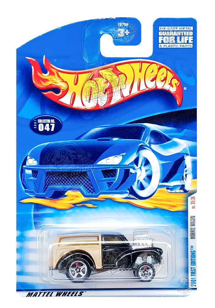 EXCLUSIVES Hot Wheels Morris Wagon - Black / Beige - 2000 Card (With Protector Case)