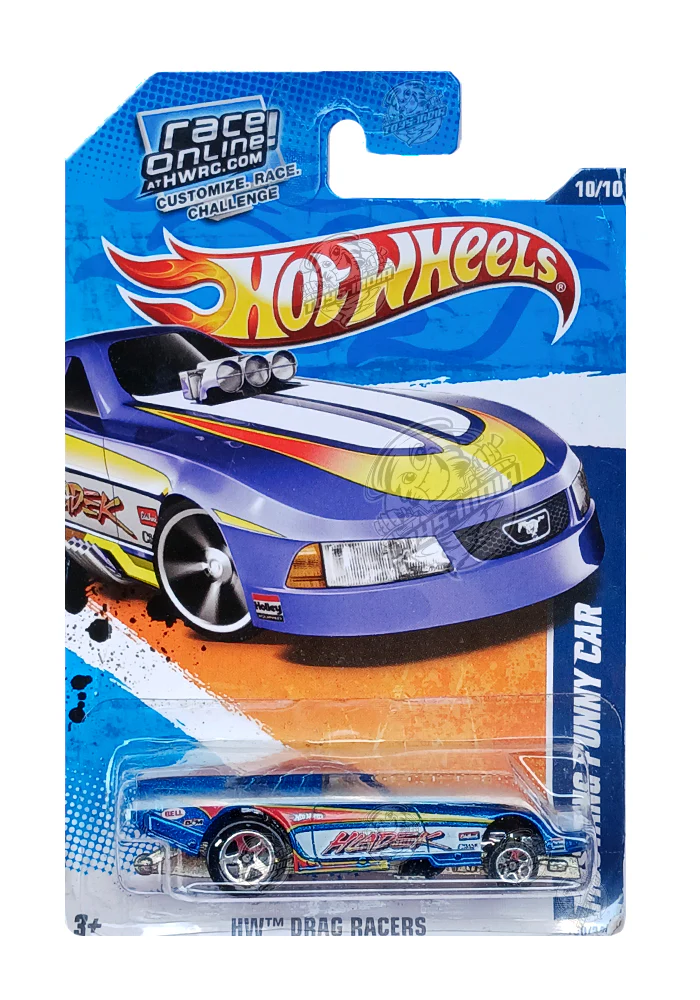 EXCLUSIVES Hot Wheels Mustang Funny Car - Blue - 2010 Card (Creased Card / Car in Excellent Condition) (With Protector Case)
