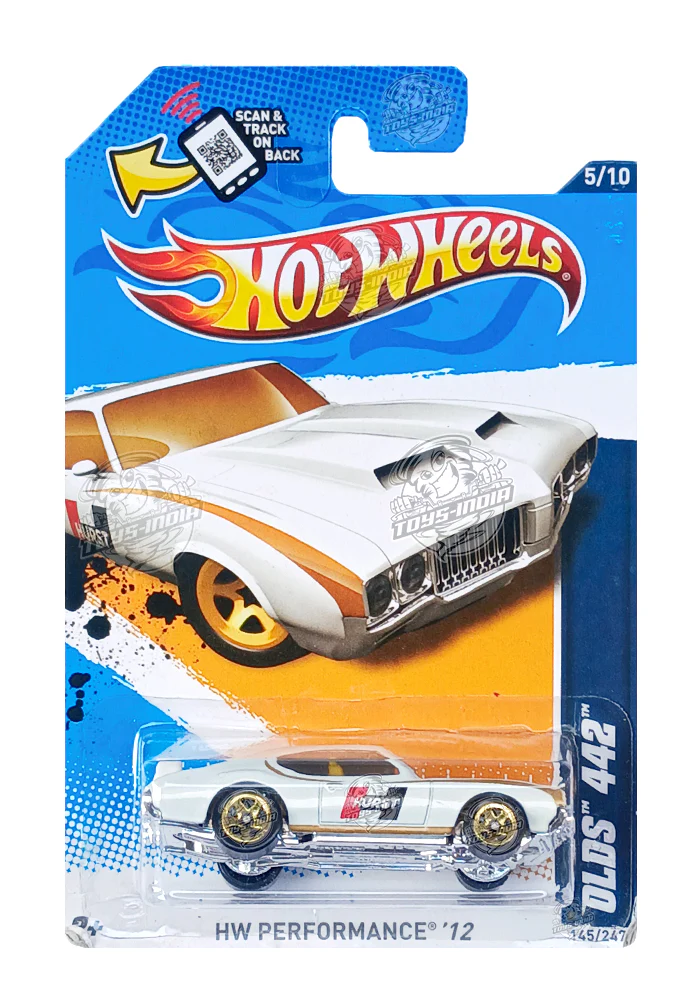 EXCLUSIVES Hot Wheels Olds 442 - White / Gold - 2011 Card (With Protector Case)