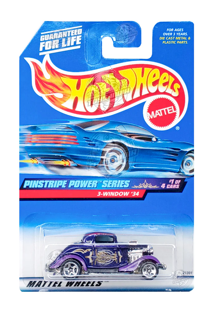 EXCLUSIVES Hot Wheels Pinstripe Power Series 3-Window '34 - Purple - 1998 Card (With Protector Case)