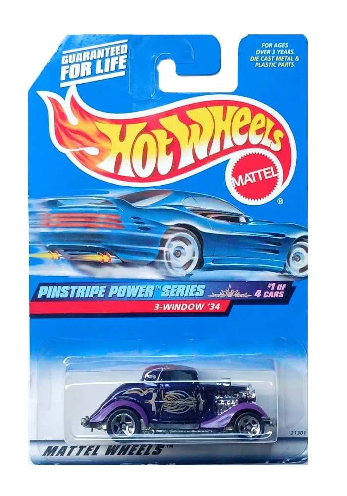 EXCLUSIVES Hot Wheels Pinstripe Power Series 3-Window '34 - Purple - 1998 Card (With Protector Case) - Image 2