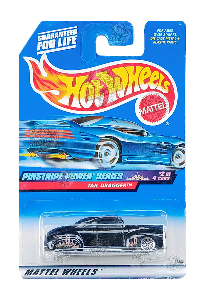 EXCLUSIVES Hot Wheels Pinstripe Power Series Tail Dragger - Black - 1998 Card (Blister Damage / Car in Excellent Condition) (With Protector Case)