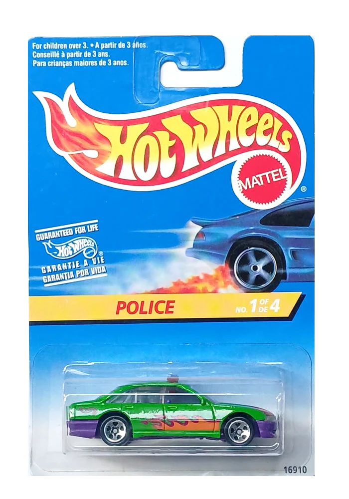EXCLUSIVES Hot Wheels Police Car - Green / Purple - 1996 Card (With Protector Case)