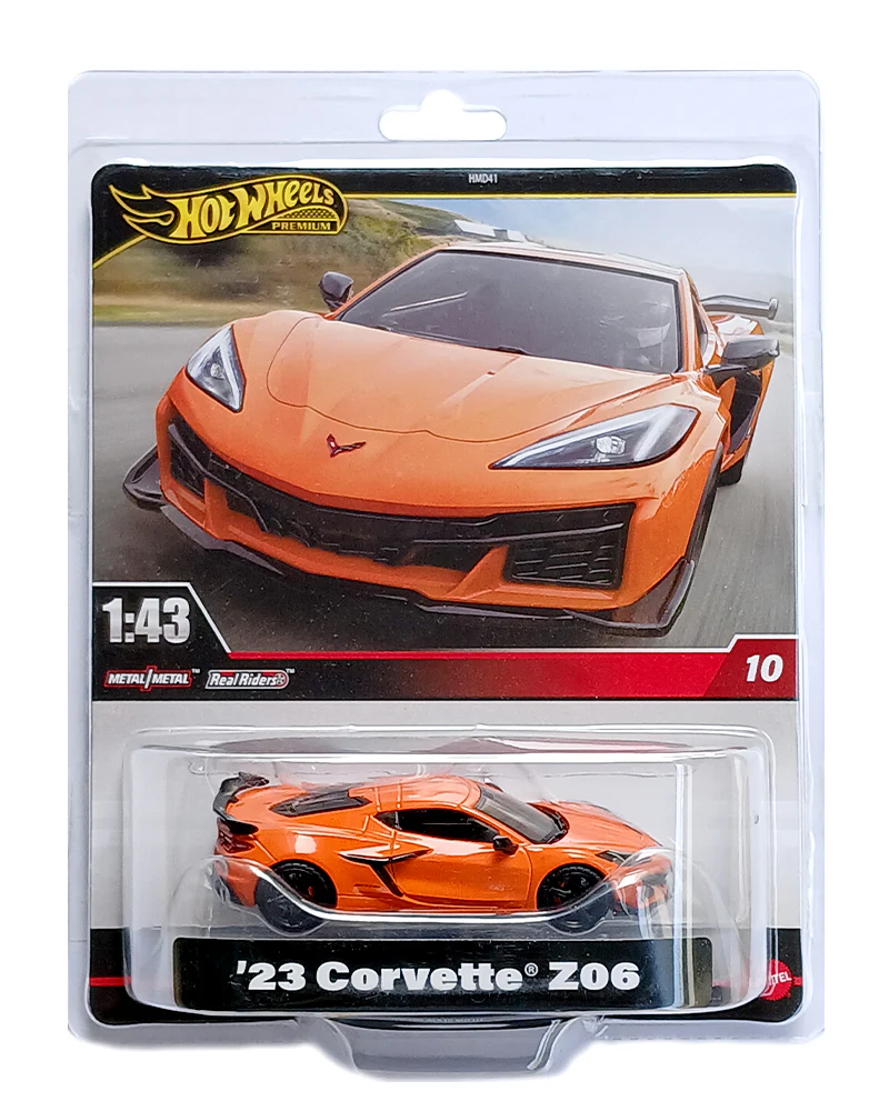 EXCLUSIVES Hot Wheels Premium '23 Corvette Z06 - Orange - 2023 Card (Scale 1:43) (With Protector Case)