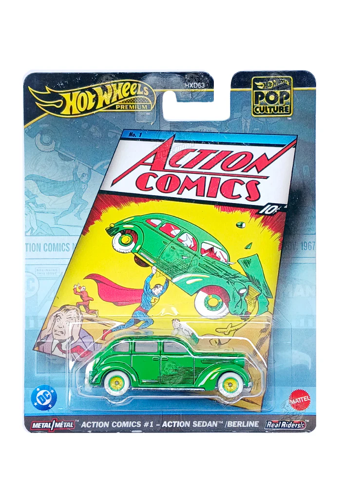 EXCLUSIVES Hot Wheels Premium Action Comics Action Sedan Berline - Green - 2025 Card (With Protector Case)