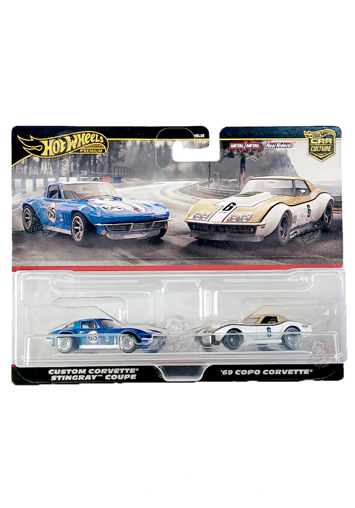 EXCLUSIVES Hot Wheels Premium Custom Corvette Stingray Coupe (Blue) & '69 Copo Corvette (White / Golden) - 2024 Box (2 Pack)