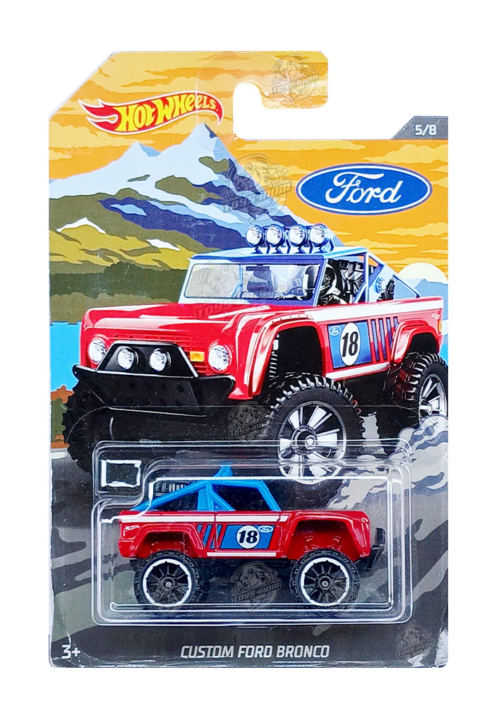EXCLUSIVES Hot Wheels Premium Custom Ford Bronco - Red / Blue - 2018 Card (With Protector Case)