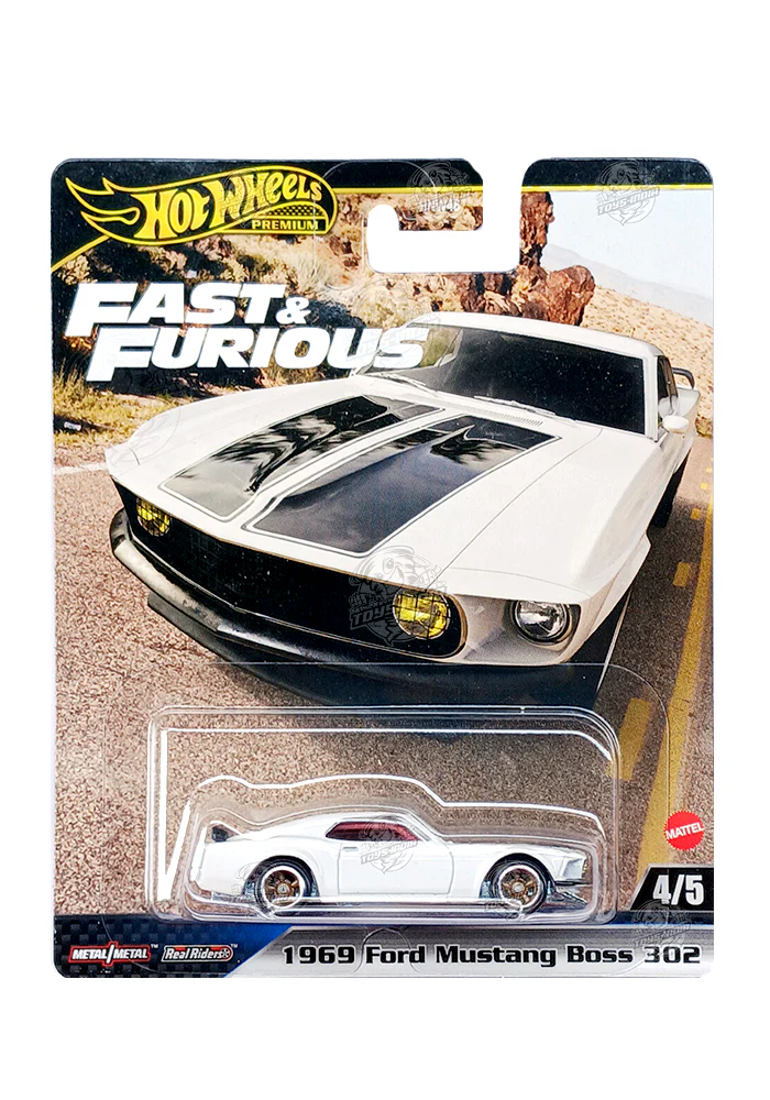 EXCLUSIVES Hot Wheels Premium Fast & Furious 1969 Ford Mustang Boss 302 - White / Black - 2023 Card (With Protector Case)