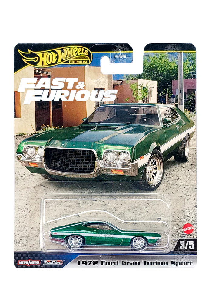 EXCLUSIVES Hot Wheels Premium Fast & Furious 1972 Ford Gran Torino Sport - Green / White - 2023 Card (With Protector Case)