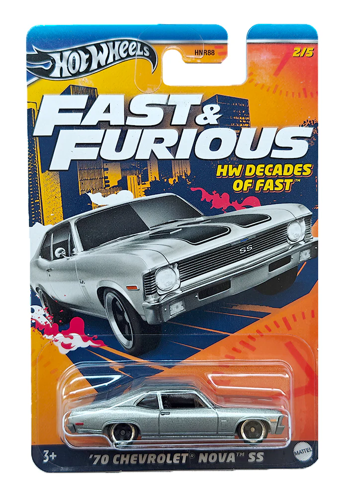 EXCLUSIVES Hot Wheels Premium Fast & Furious Decades Of Fast '70 Chevrolet Nova SS - Silver - 2023 Card (With Protector Case)