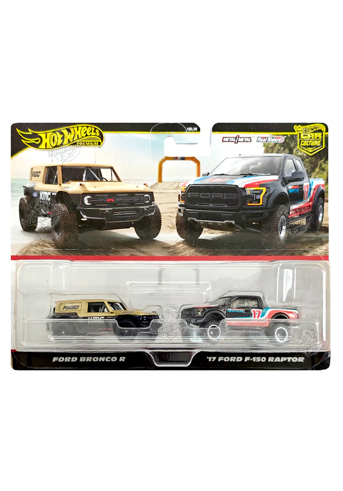 EXCLUSIVES Hot Wheels Premium Ford Bronco R (Gold / Black) & '17 Ford F-150 Raptor (Black / Red) - 2020 Box (2 Pack)