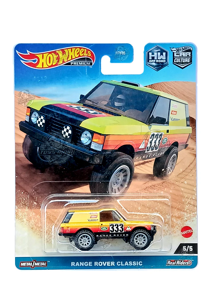 EXCLUSIVES Hot Wheels Premium HW Off Road Range Rover Classic - Yellow / Black - 2022 Card (With Protector Case)