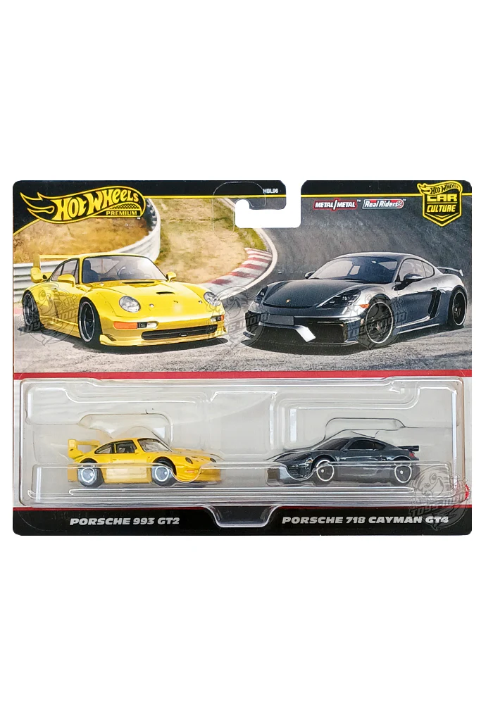 EXCLUSIVES Hot Wheels Premium Porsche 993 GT2 (Yellow) & Porsche 718 Cayman GT4 (Grey) - 2024 Box (2 Pack)