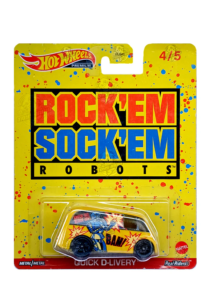 EXCLUSIVES Hot Wheels Premium Rock'em Sock'em Robots Quick D-Livery - Yellow - 2022 Card