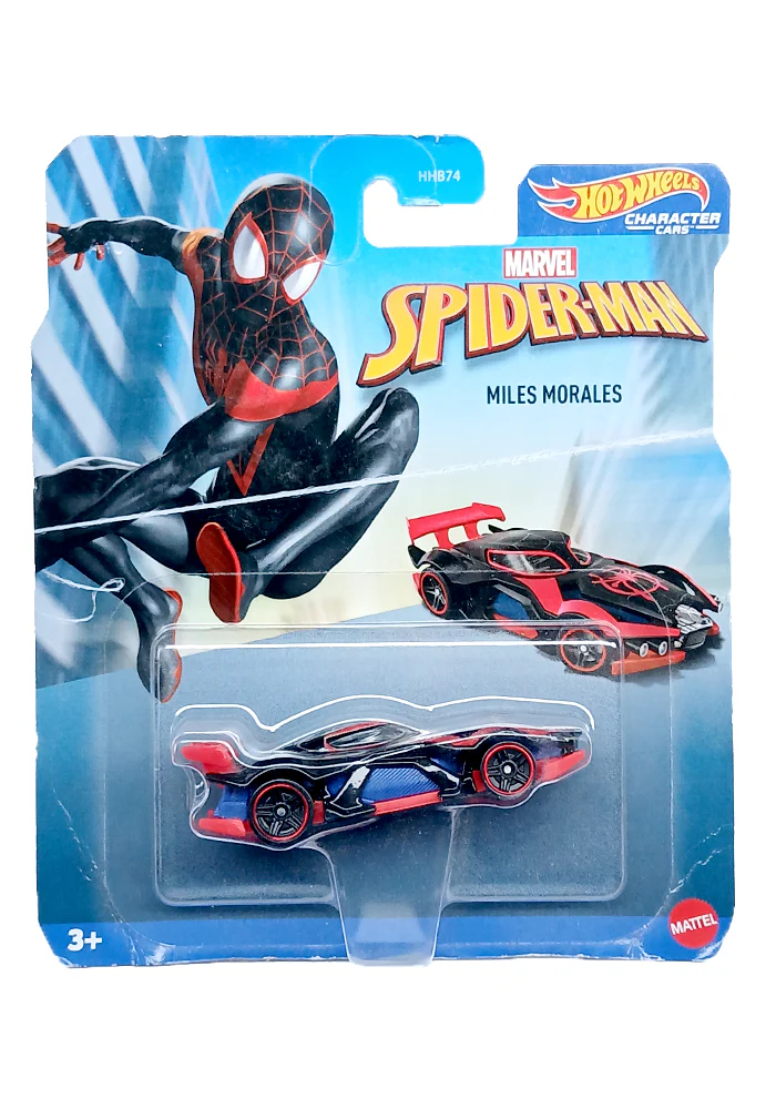 EXCLUSIVES Hot Wheels Premium Spider-Man Miles Morales - Black / Red - 2023 Card (Creased Card / Car in Excellent Condition)