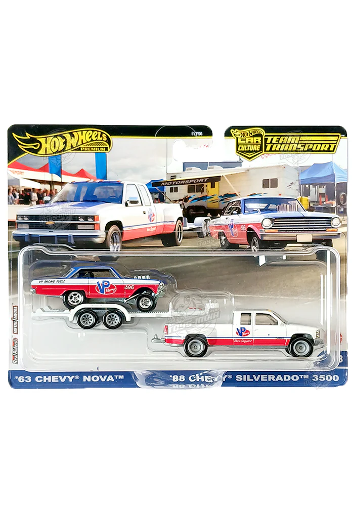 EXCLUSIVES Hot Wheels Premium Team Transport '63 Chevy Nova & '88 Chevy Silverado 3500 - Blue / Red / White - 2024 Card