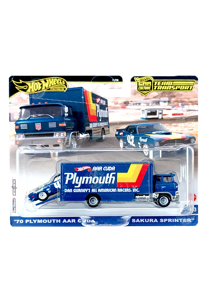 EXCLUSIVES Hot Wheels Premium Team Transport '70 Plymouth AAR Cuda & Sakura Sprinter - Blue - 2020 Card
