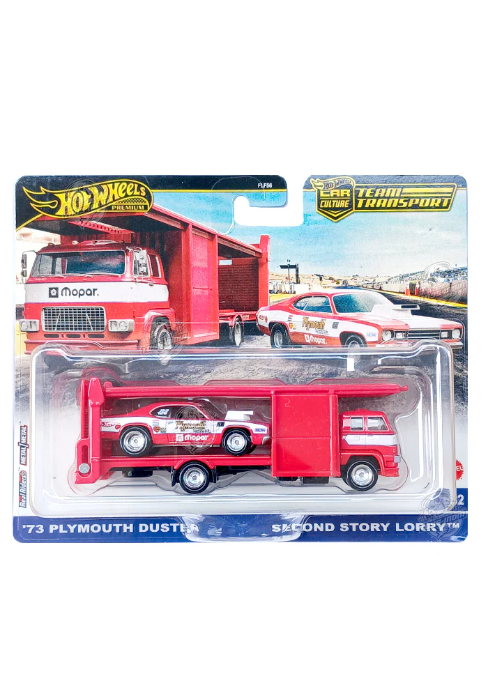 EXCLUSIVES Hot Wheels Premium Team Transport '73 Plymouth Duster & Second Story Lorry (Red / White) - 2025 Card