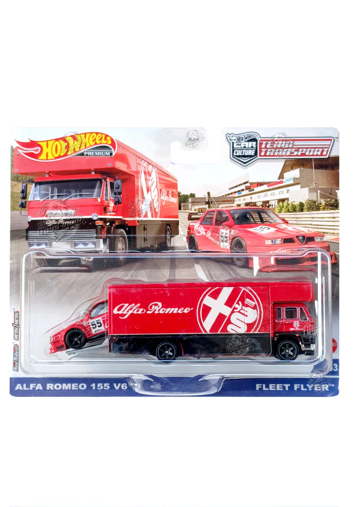 EXCLUSIVES Hot Wheels Premium Team Transport Alfa Romeo 155 V6 Ti & Fleet Flyer - Red - 2020 Card