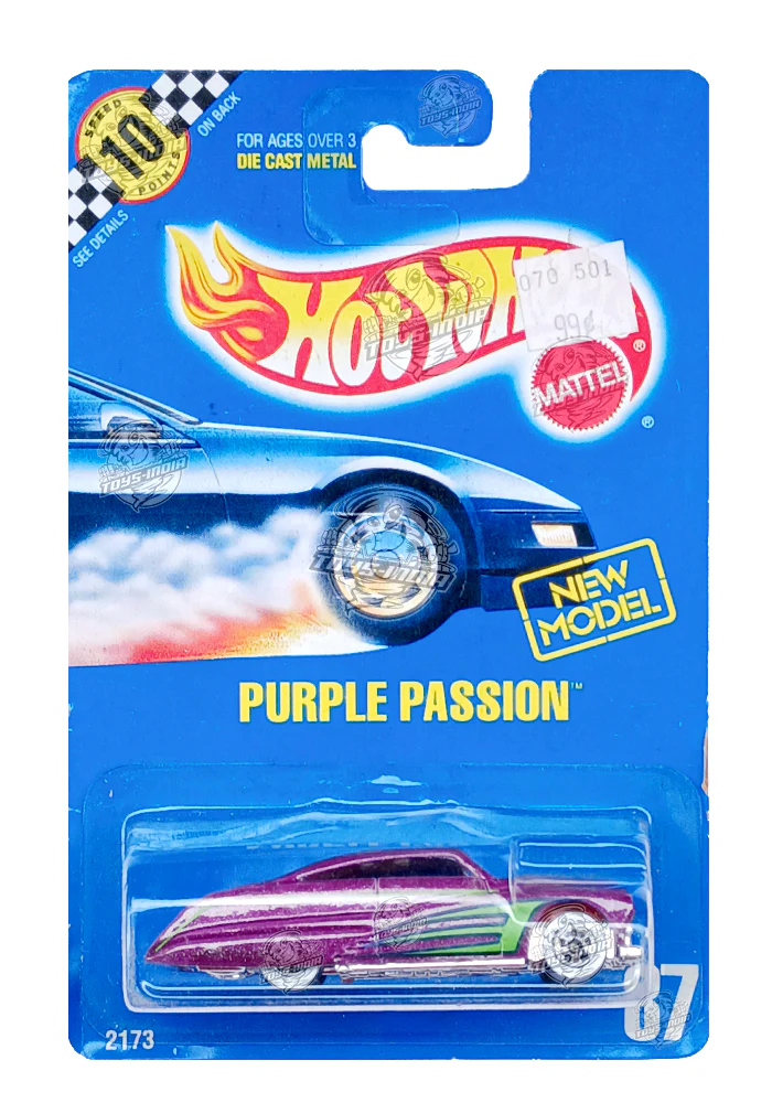 EXCLUSIVES Hot Wheels Purple Passion - Purple / Green - 1990 Card (With Protector Case)
