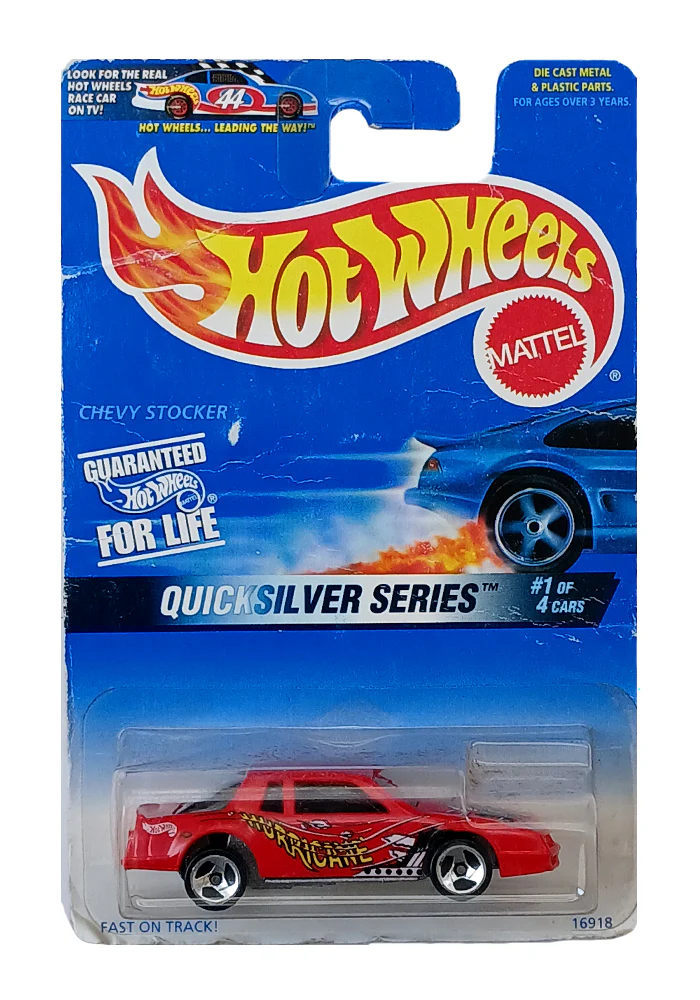 EXCLUSIVES Hot Wheels Quick Silver Series Chevy Stocker - Red - 1996 Card (With Protector Case)