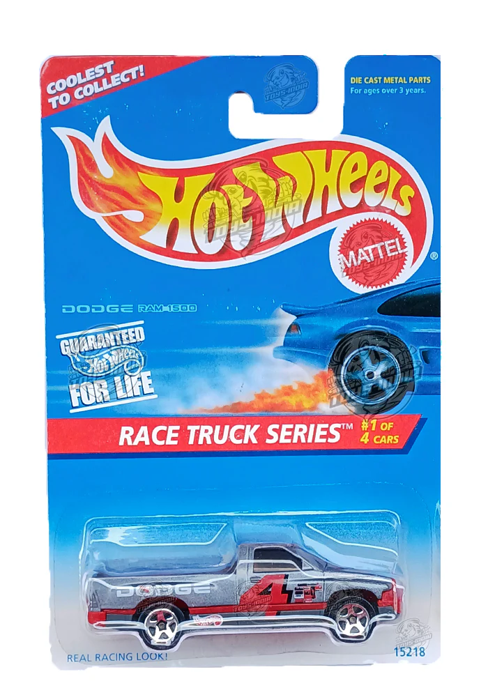 EXCLUSIVES Hot Wheels Race Truck Series Dodge Ram 1500 - Grey / Red - 1995 Card (With Protector Case)