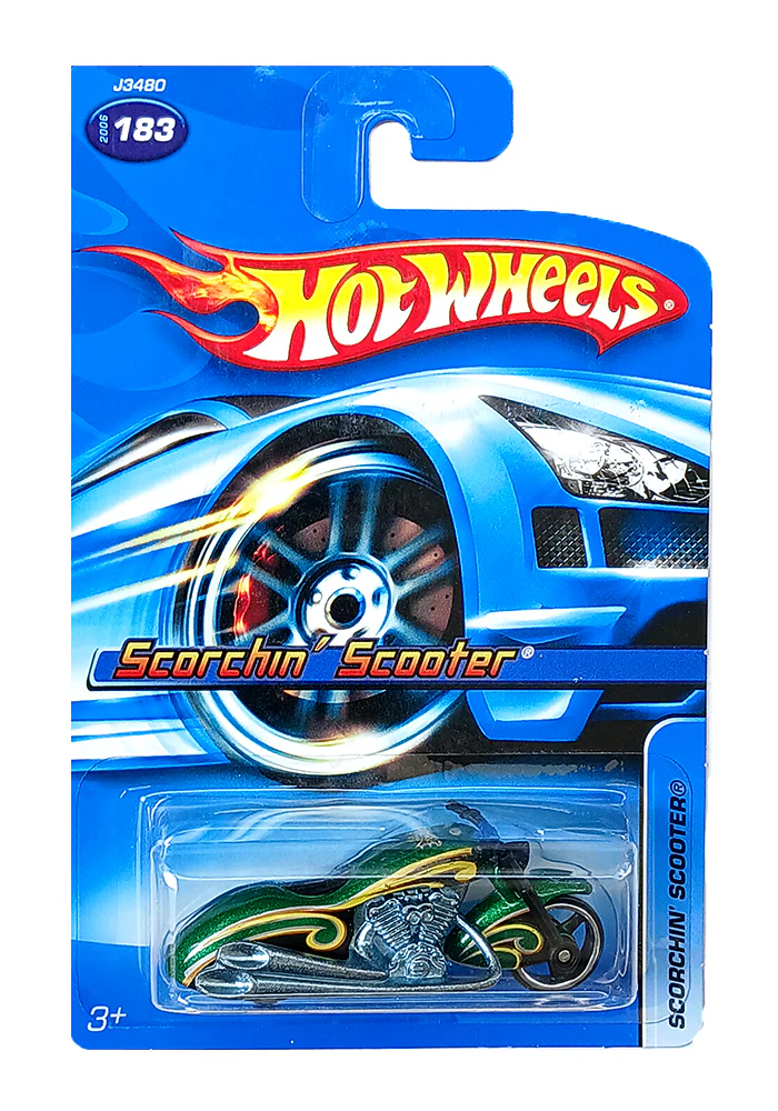 EXCLUSIVES Hot Wheels Rebel Rides Scorchin' Scooter - Green / Silver - 2006 Card (With Protector Case)