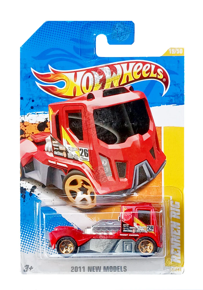 EXCLUSIVES Hot Wheels Rennen Rigs - Red / Grey - 2010 Card (Blister Damage / Car in Excellent Condition) (With Protector Case)