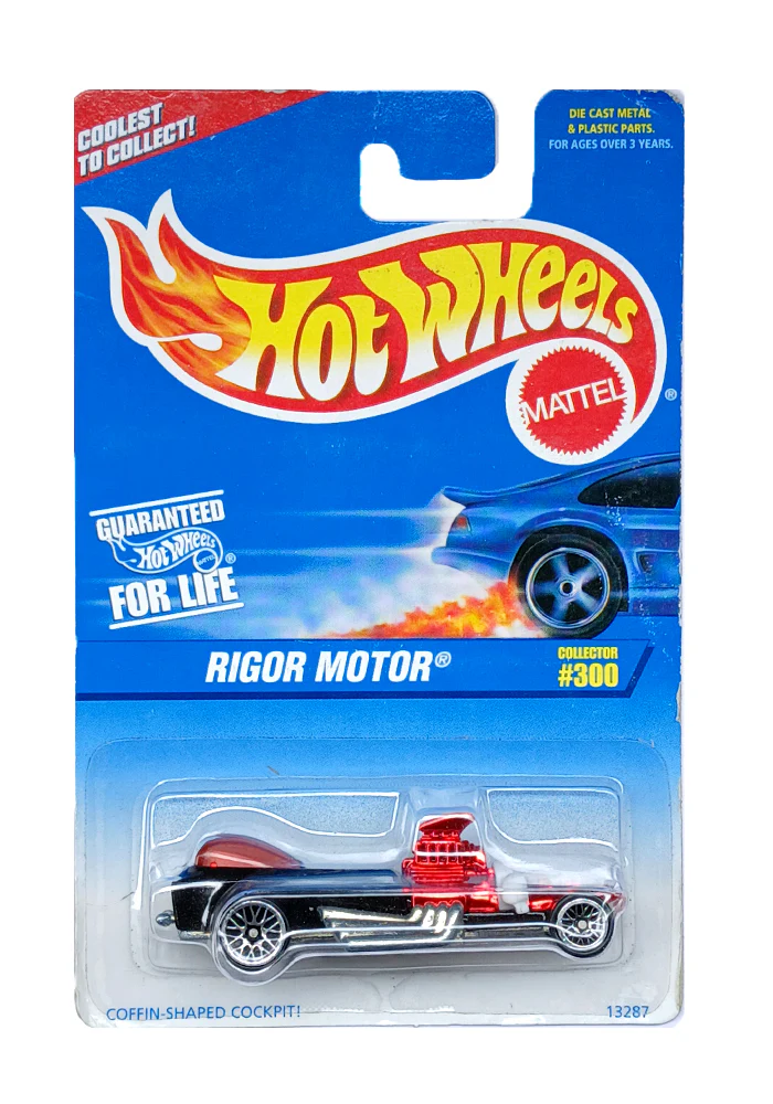 EXCLUSIVES Hot Wheels Rigor Motor - Black / Red - 1996 Card (With Protector Case)