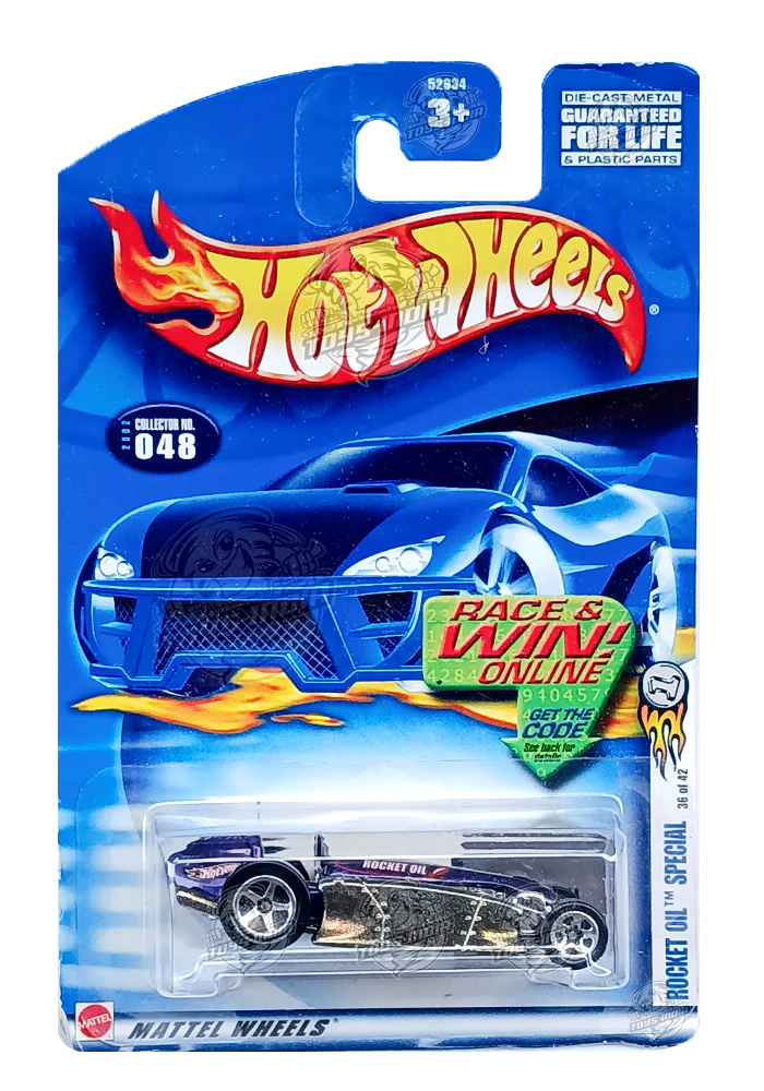 EXCLUSIVES Hot Wheels Rocket Oil Special - Purple / Silver - 2001 Card (Creased Card / Car in Excellent Condition) (With Protector Case)