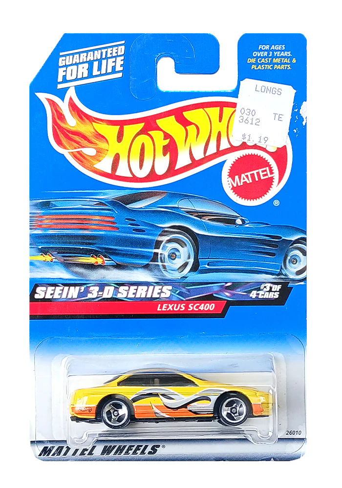 EXCLUSIVES Hot Wheels Seein' 3-D Series Lexus SC400 - Yellow - 1999 Card (With Protector Case) - Image 2