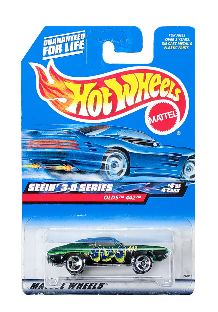 EXCLUSIVES Hot Wheels Seein' 3-D Series Olds 442 - Green / Black - 1999 Card (With Protector Case)