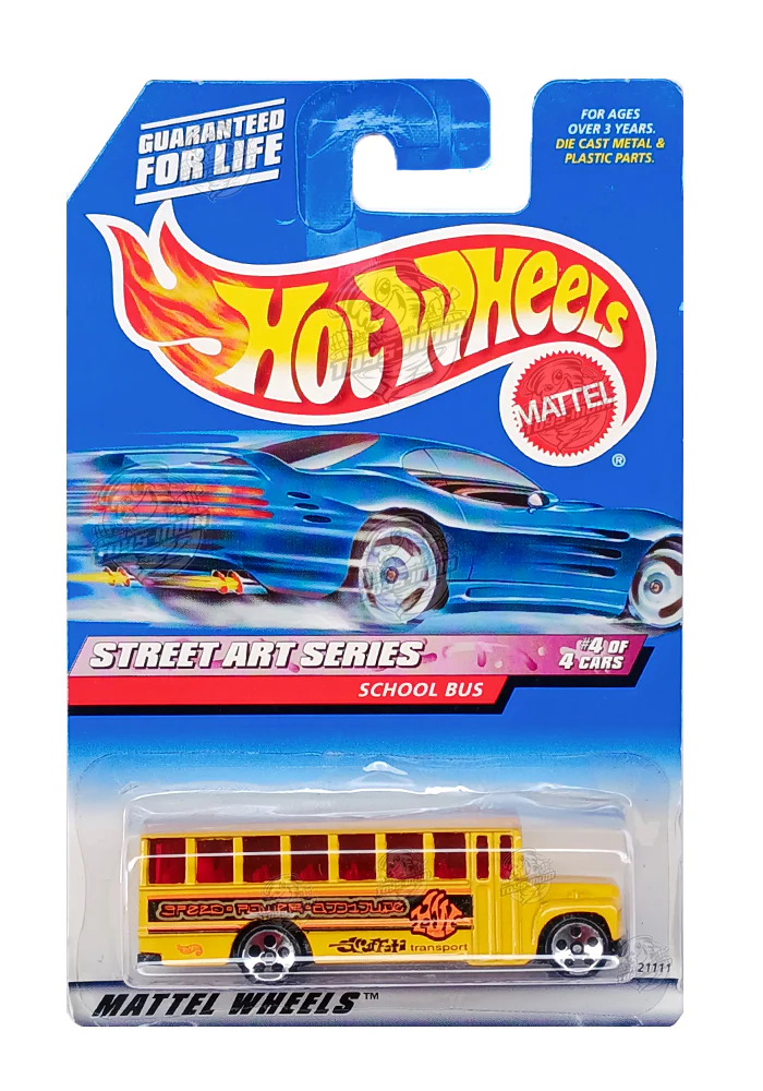 EXCLUSIVES Hot Wheels Street Art Series School Bus - Yellow - 1998 Card (Blister Damage / Car in Excellent Condition) (With Protector Case)