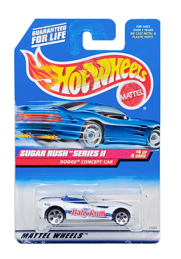 EXCLUSIVES Hot Wheels Sugar Rush Series Baby Ruth Dodge Concept Car - White / Blue - 1997 Card (With Protector Case)