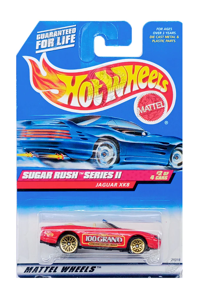 EXCLUSIVES Hot Wheels Sugar Rush Series II 100Grand Jaguar XK8 - Red - 1998 Card (With Protector Case)